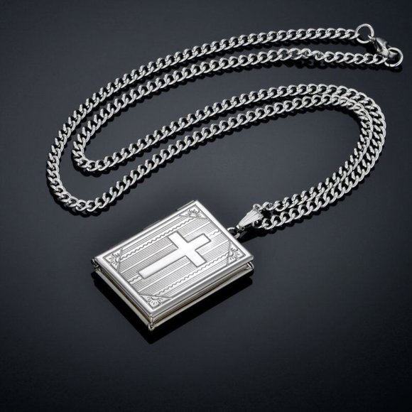 Mens 18K White Gold Plated Cross Pendant Curb Chain Necklace 24" - Picture 1 of 6